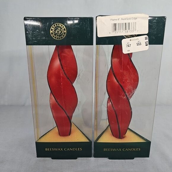 Swirl Red Candle Taper BeesWax Design Spiral Set of 2 VTG USA Cali 8.5'' NIB - Picture 3 of 16